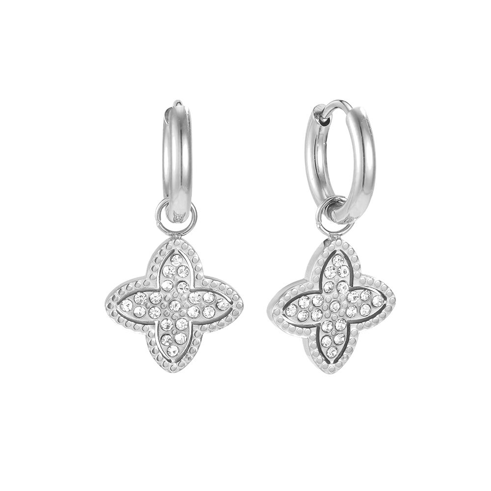 Stainless steel earrings, 25×13 mm, cubic zirconia, four-leaf clover design
