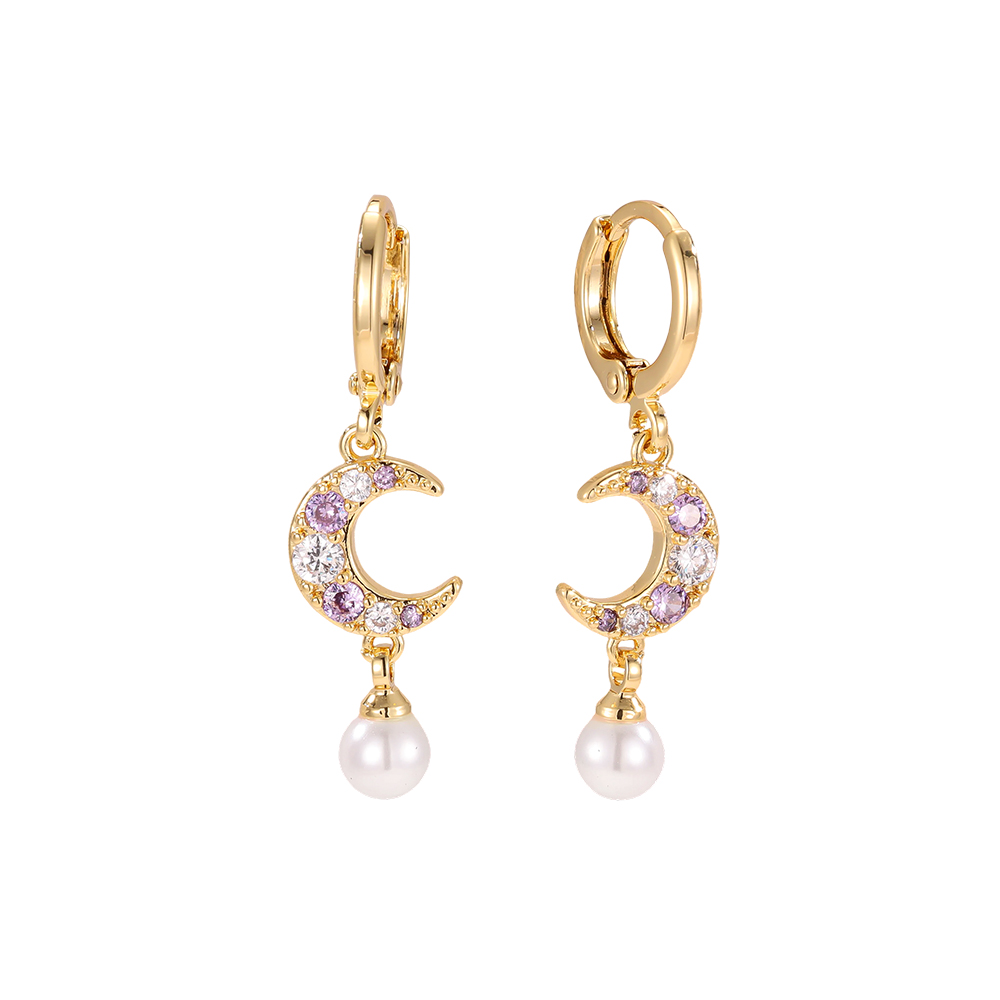 Gold-plated earrings, 36mm, cubic zirconia moon