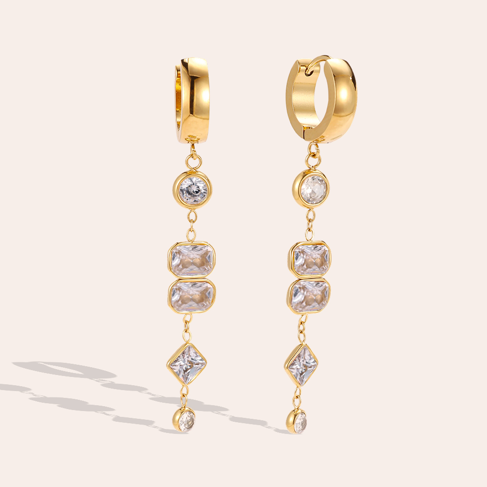 Stainless steel earrings, 56 × 14 mm, assorted cubic zirconia