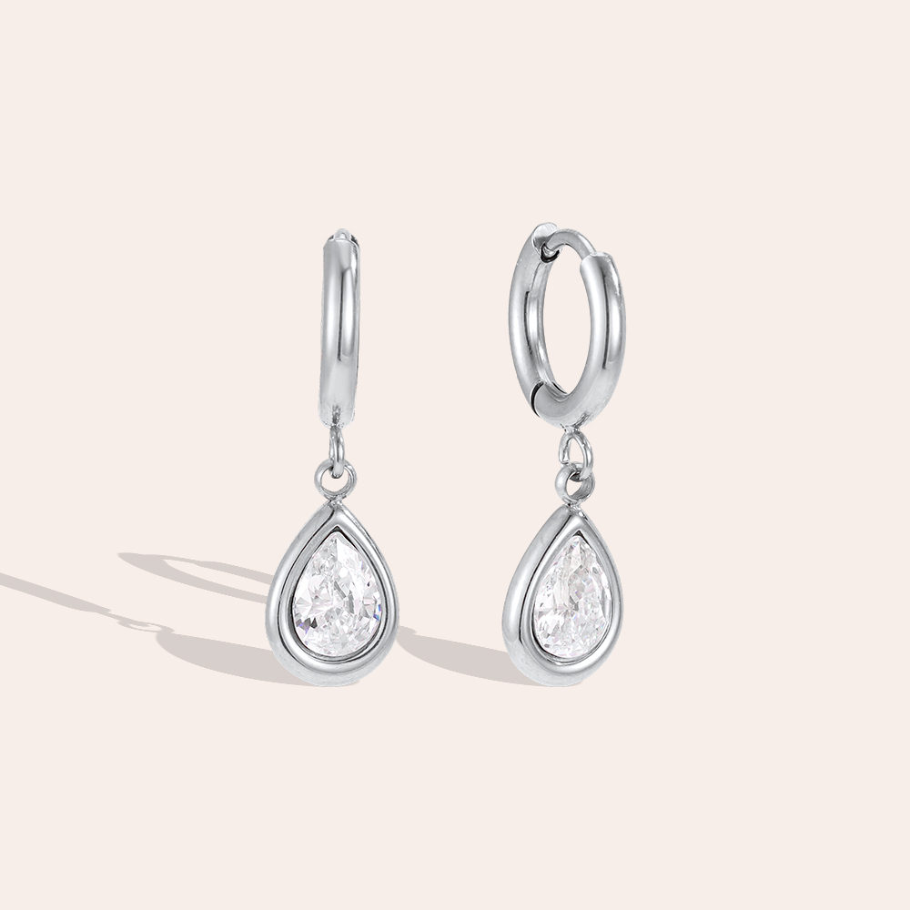 Stainless steel earrings, 23mm teardrop-shaped cubic zirconia