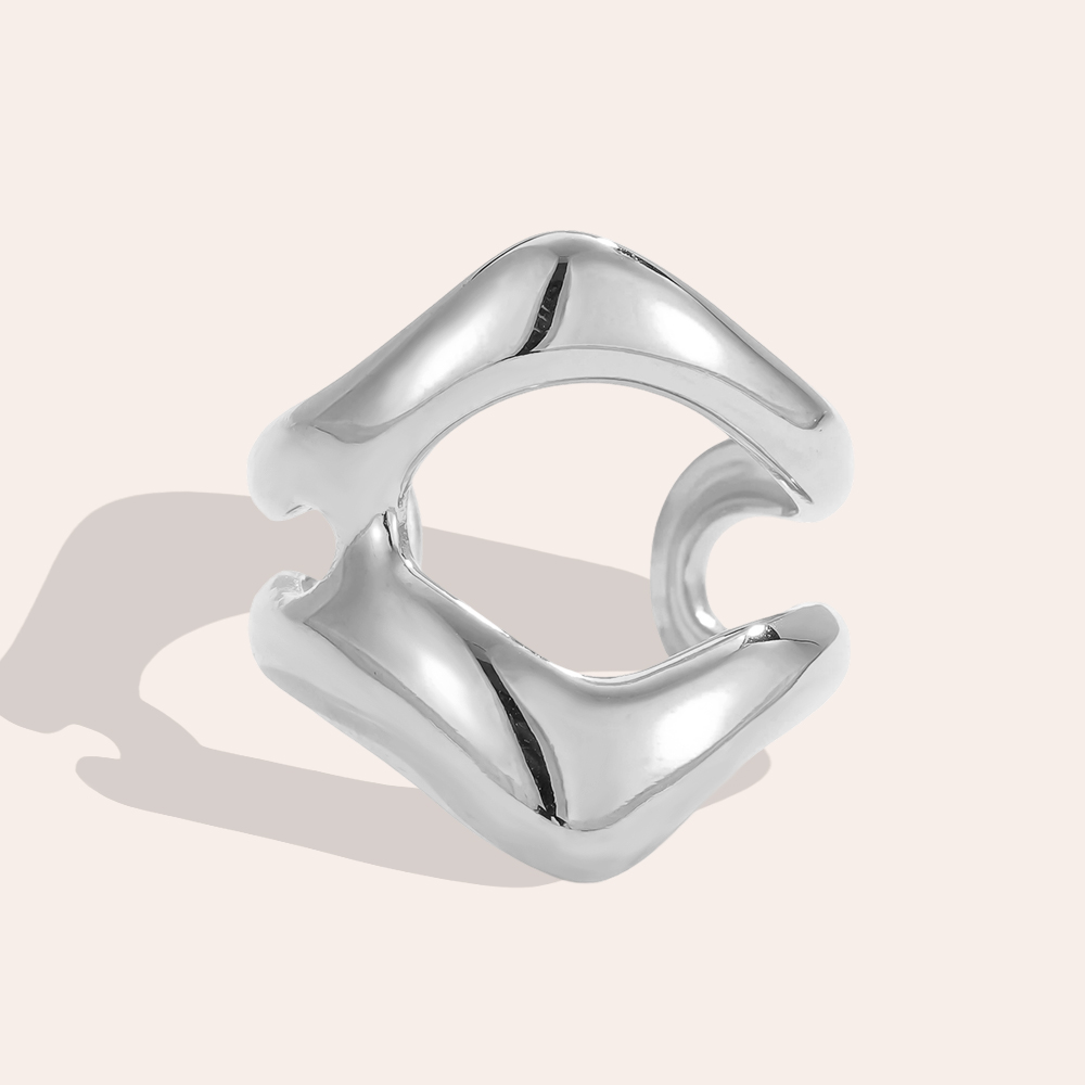 Stainless steel ring, adjustable, with two irregular curves