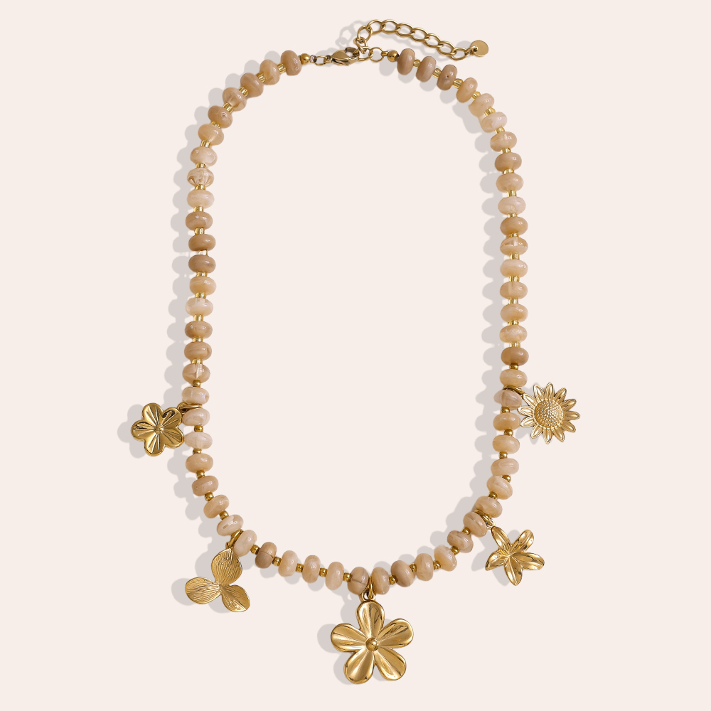 Stainless steel necklace 47cm small acrylic beads and golden flowers