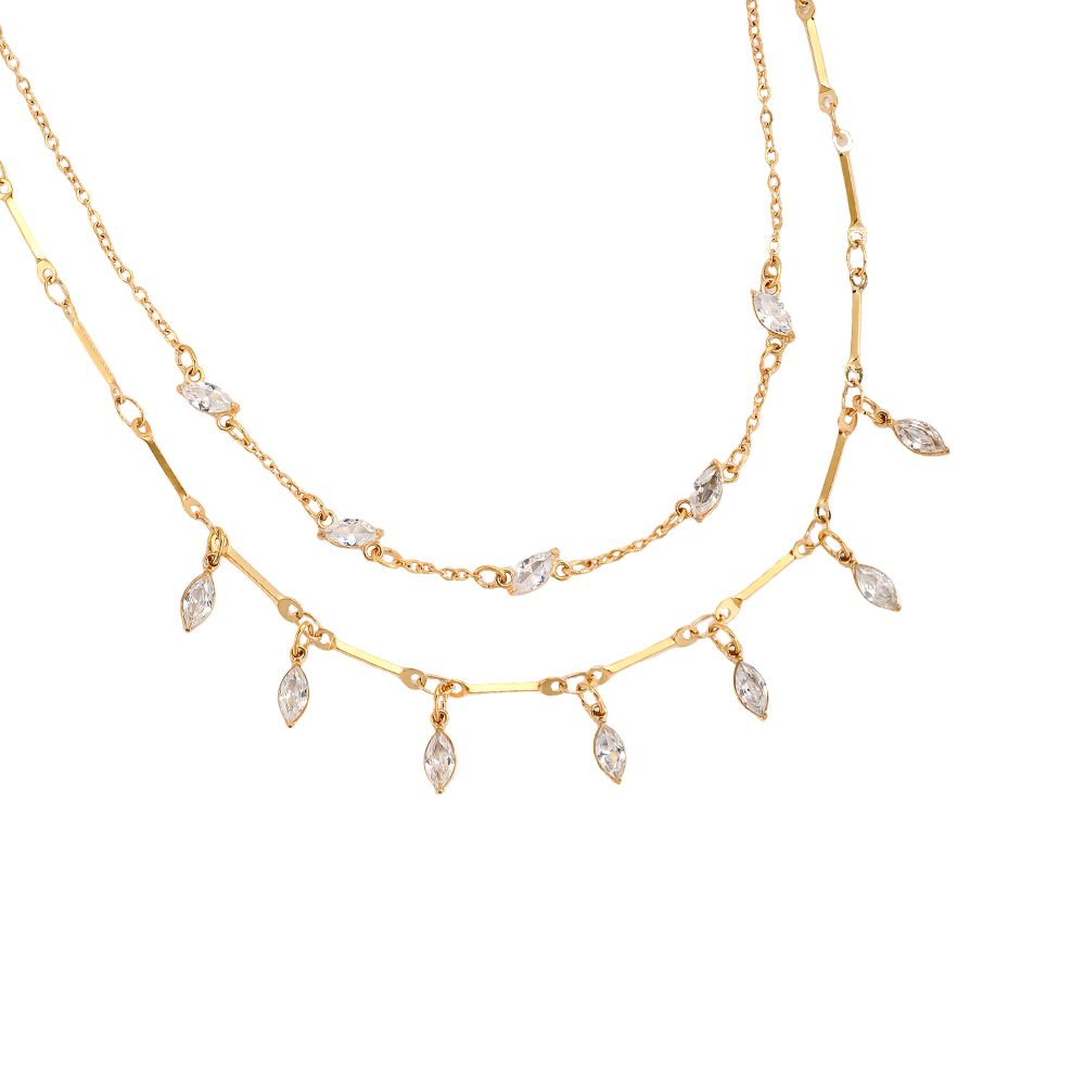 42cm double-layered stainless steel necklace with lots of cubic zirconia