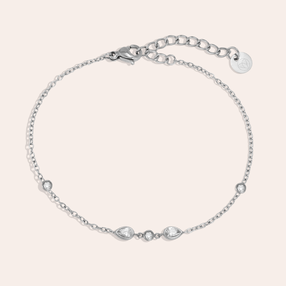 Stainless steel bracelet, 17 cm, with teardrop-shaped cubic zirconia