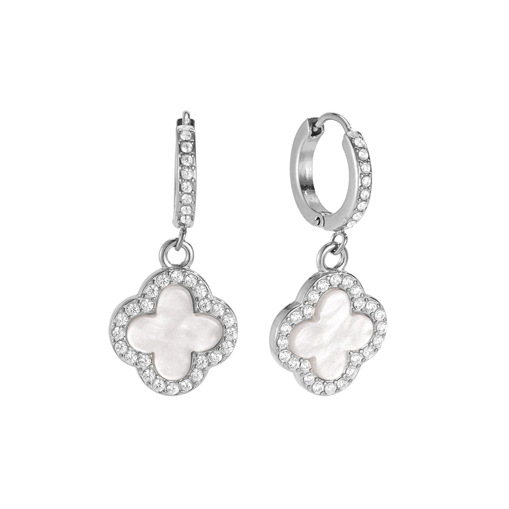 Stainless steel earrings, 25mm acrylic cloverleaf with a zirconia border