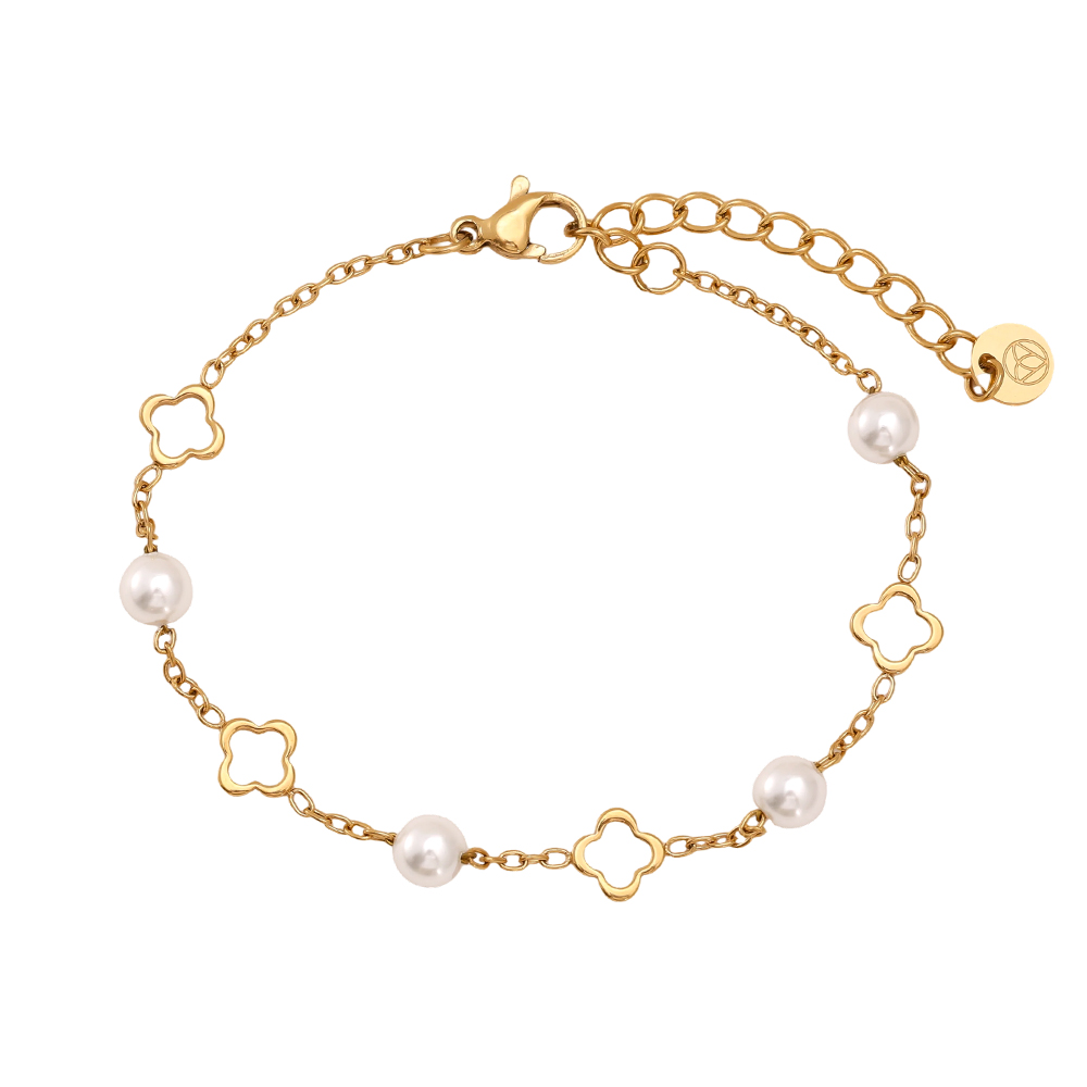Stainless steel bracelet, 16 cm, with a shamrock and pearls