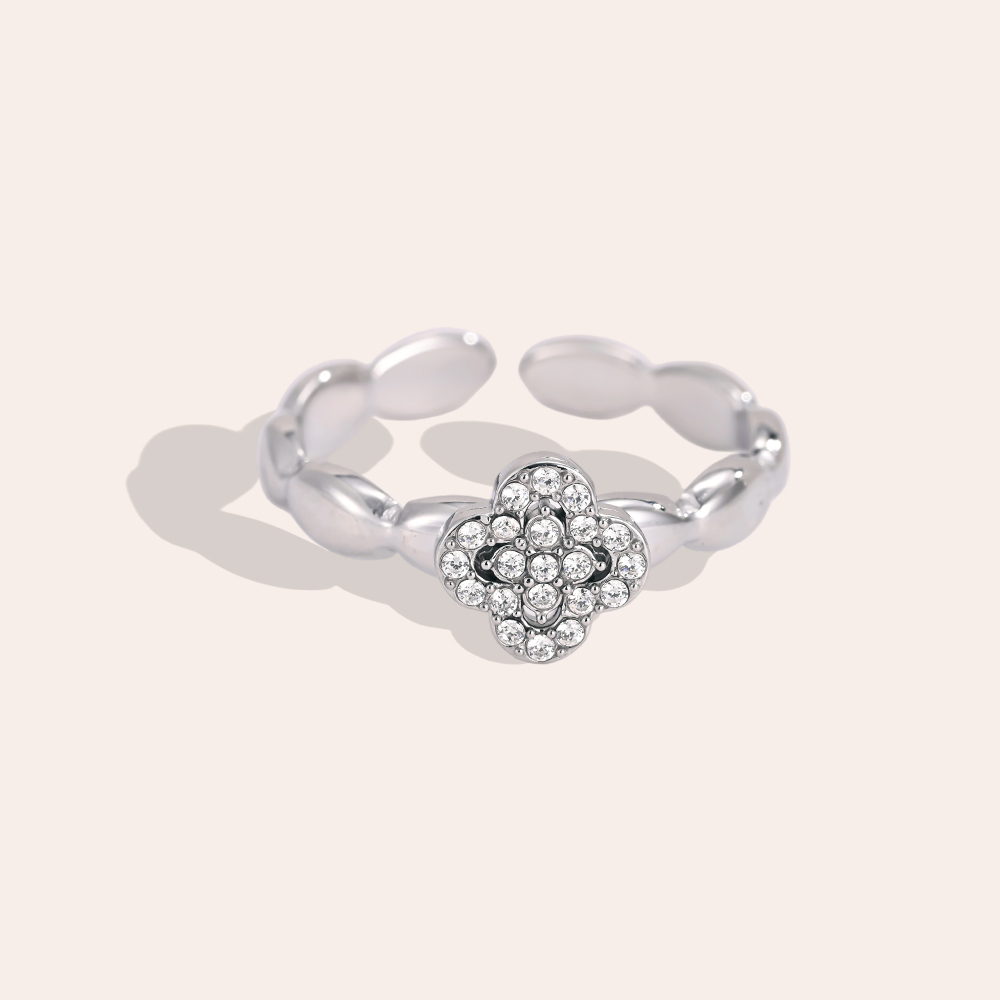 Stainless Steel Ring, Adjustable, Single Cloverleaf Zirconia 