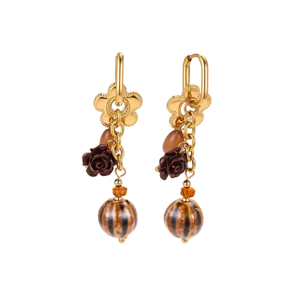 Stainless steel earrings, 54 x 13 mm, gold flower with brown decoration
