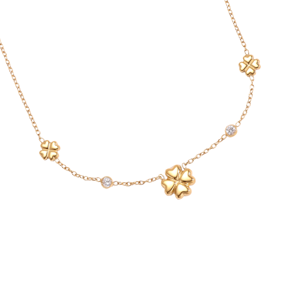 Stainless steel necklace, 41cm, four-leaf clover with zirconia dots