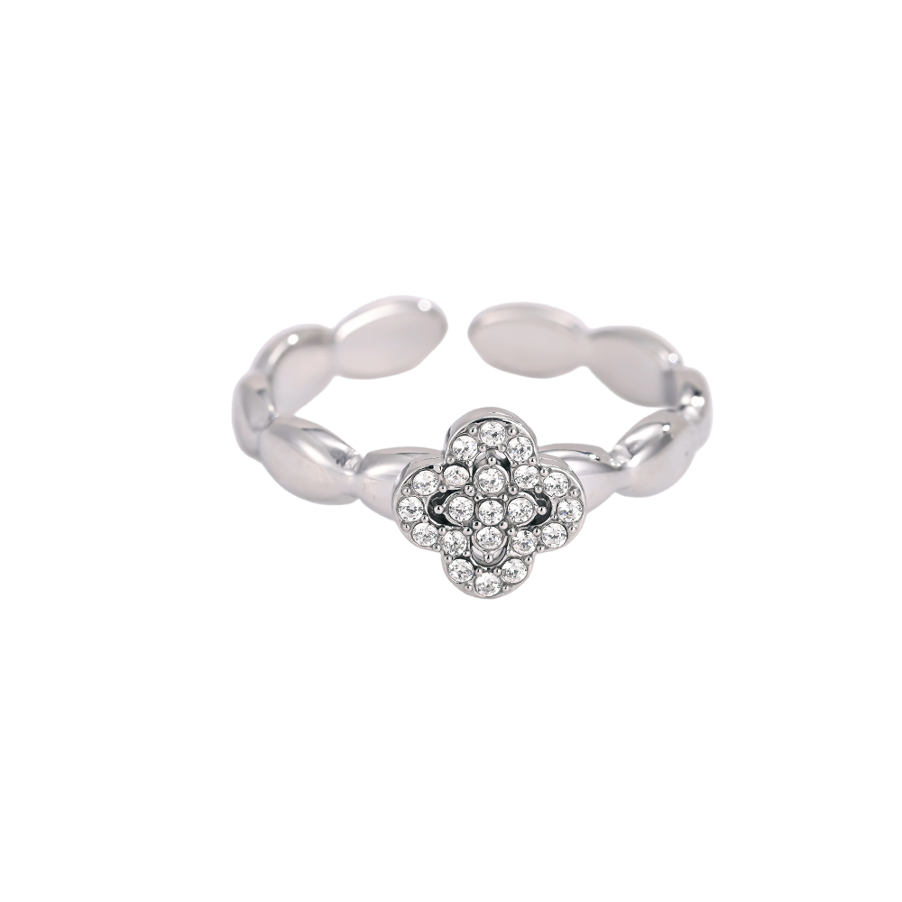 Stainless Steel Ring, Adjustable, Single Cloverleaf Zirconia 