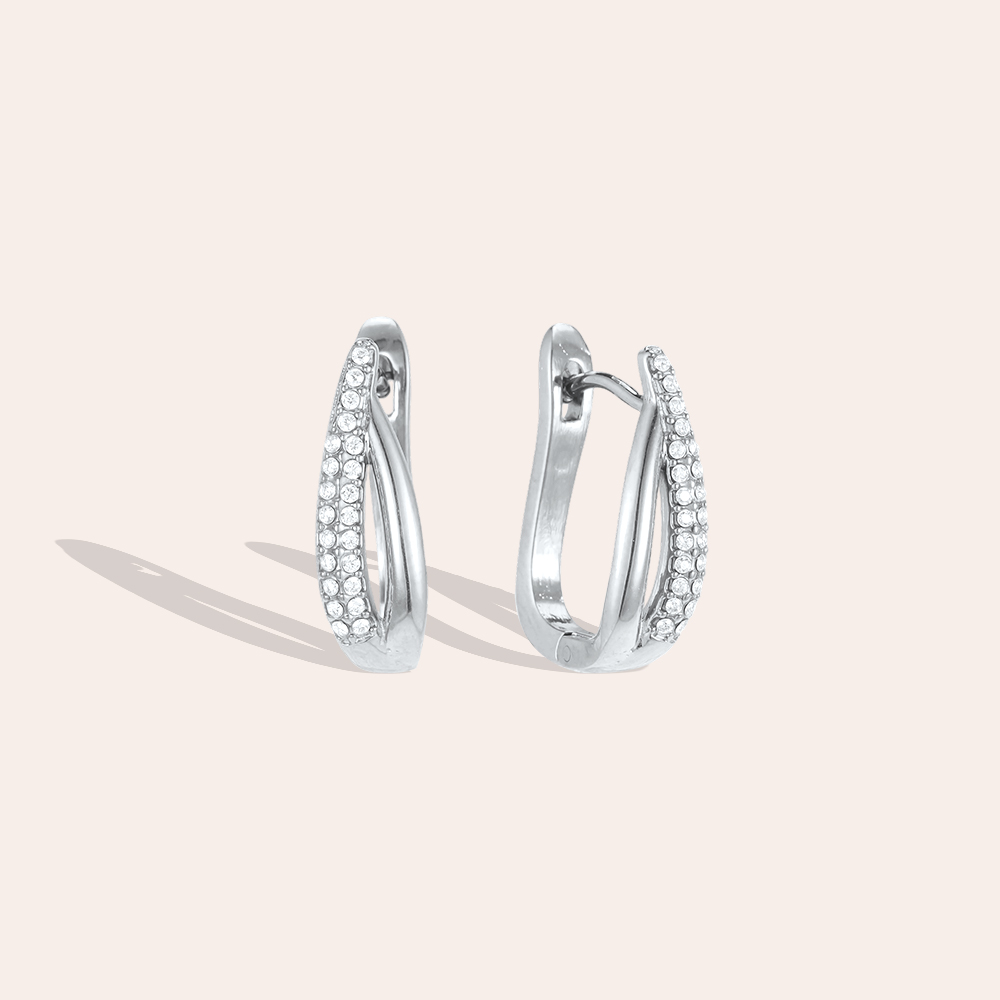 Stainless steel earrings, 18mm, wavy design with rhinestones