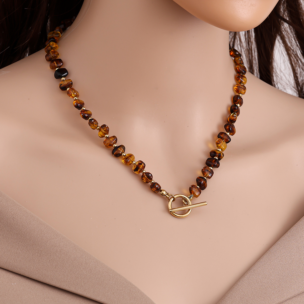 Stainless steel necklace 45cm Acrylic Brown Beads