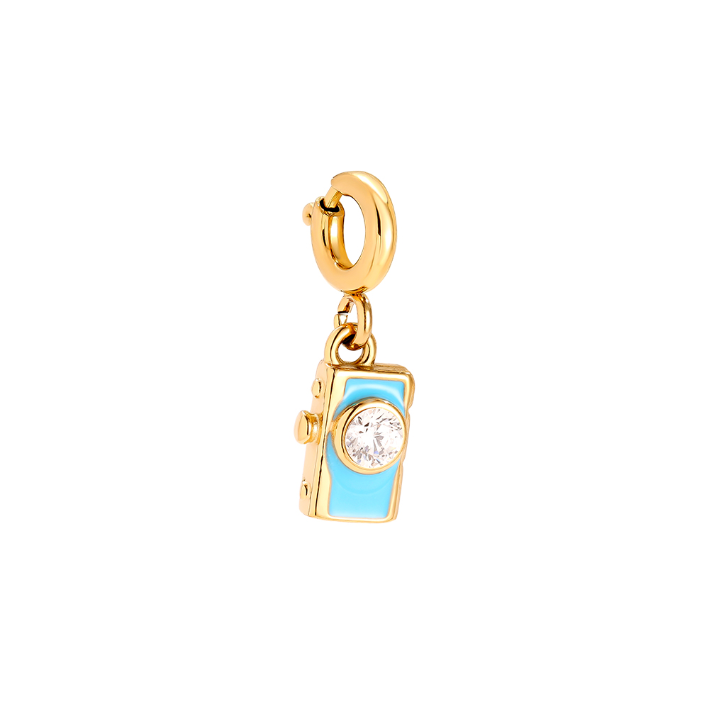 Stainless Steel Pendant 9mm Spring Clasp Blue Camera
