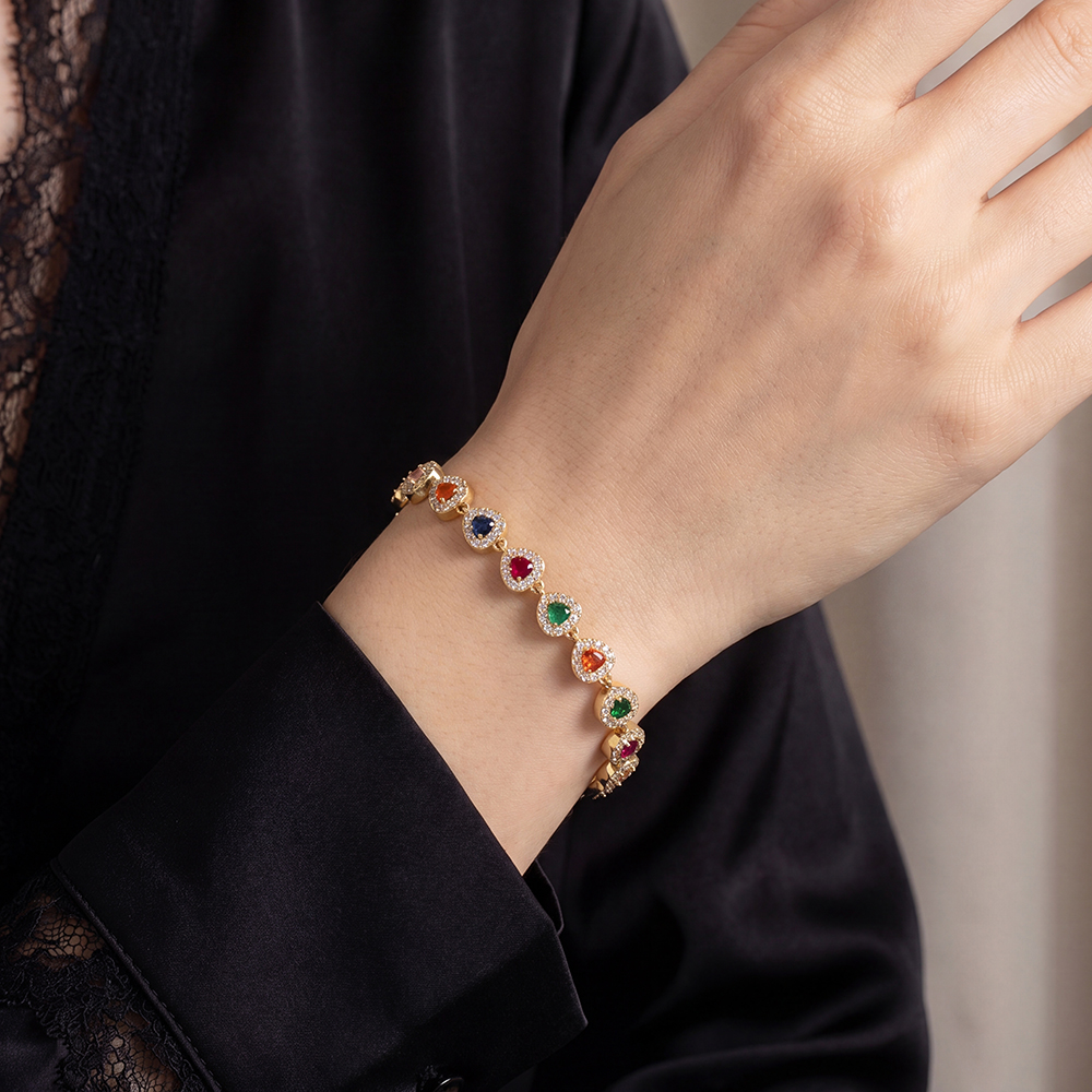 Stainless steel bracelet, 17 cm, with colourful hearts and sparkling cubic zirconia   
