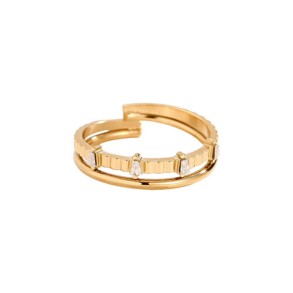 Stainless steel ring, adjustable, double-layered, with several cubic zirconia stones