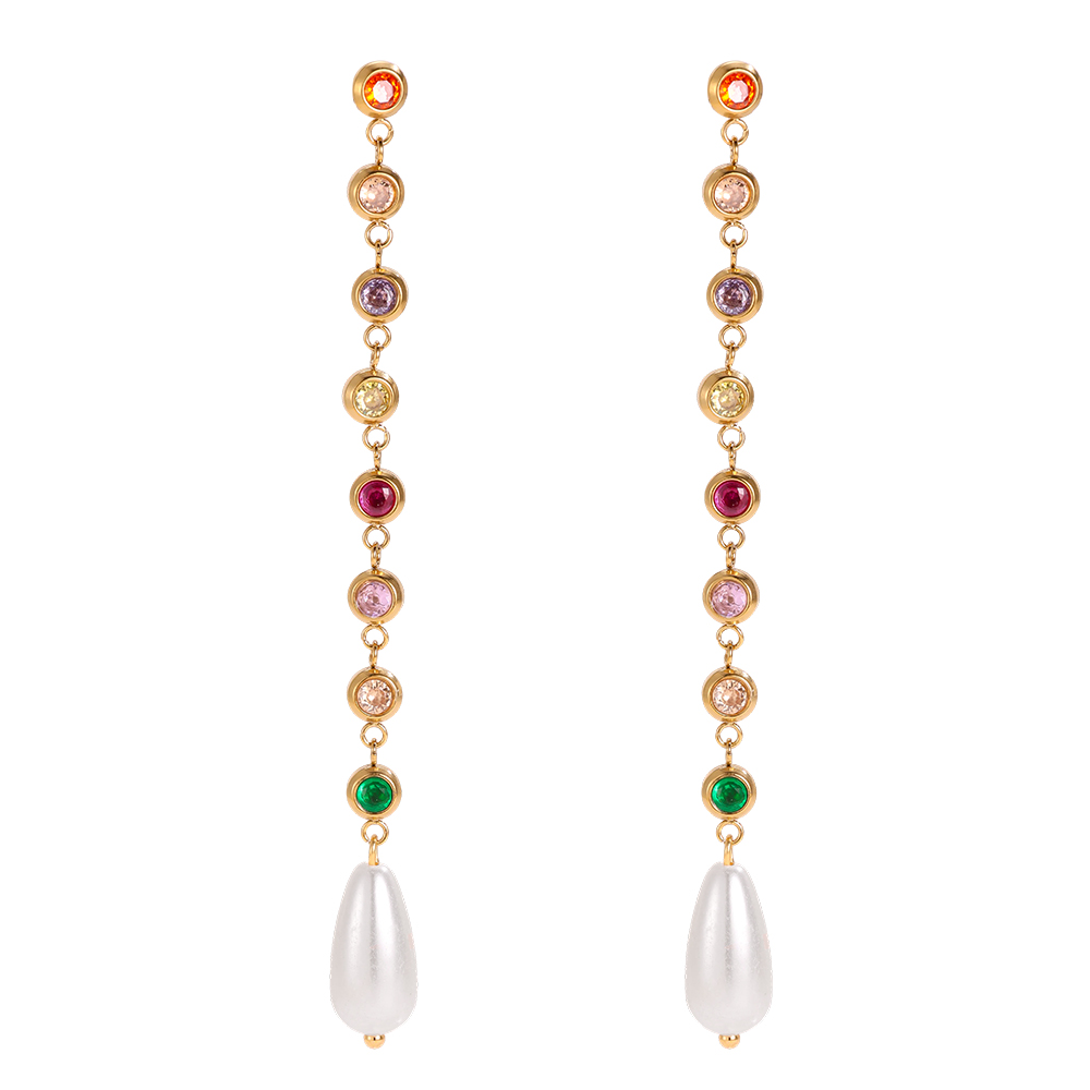 Stainless steel earrings, 8.9 × 8 mm, long pendant with a round rhinestone and a teardrop-shaped pearl