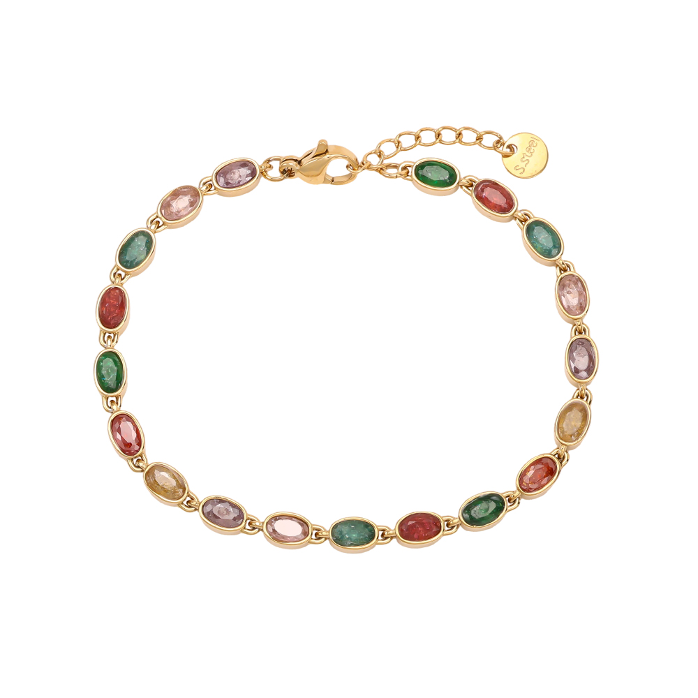 Stainless steel bracelet, 17 cm, with lots of oval, colourful, sparkling cubic zirconia stones     