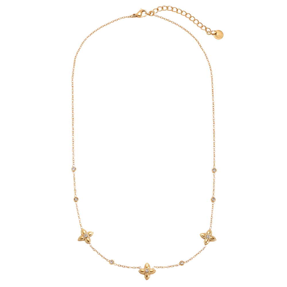 Stainless steel necklace, 41 cm, four-leaf clover with cubic zirconia