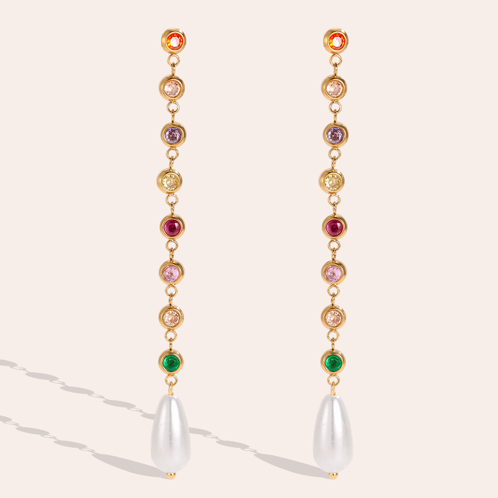Stainless steel earrings, 8.9 × 8 mm, long pendant with a round rhinestone and a teardrop-shaped pearl
