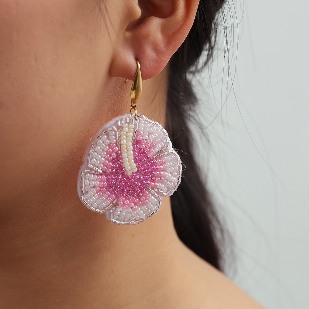 Stainless steel earrings 65mm pink beads flowers