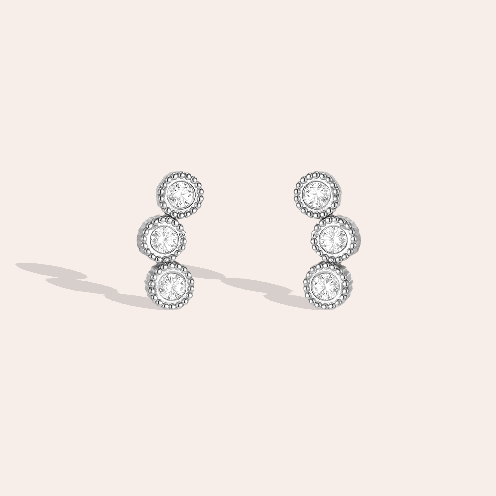 Stainless steel earrings, 10mm, three round cubic zirconia stones    