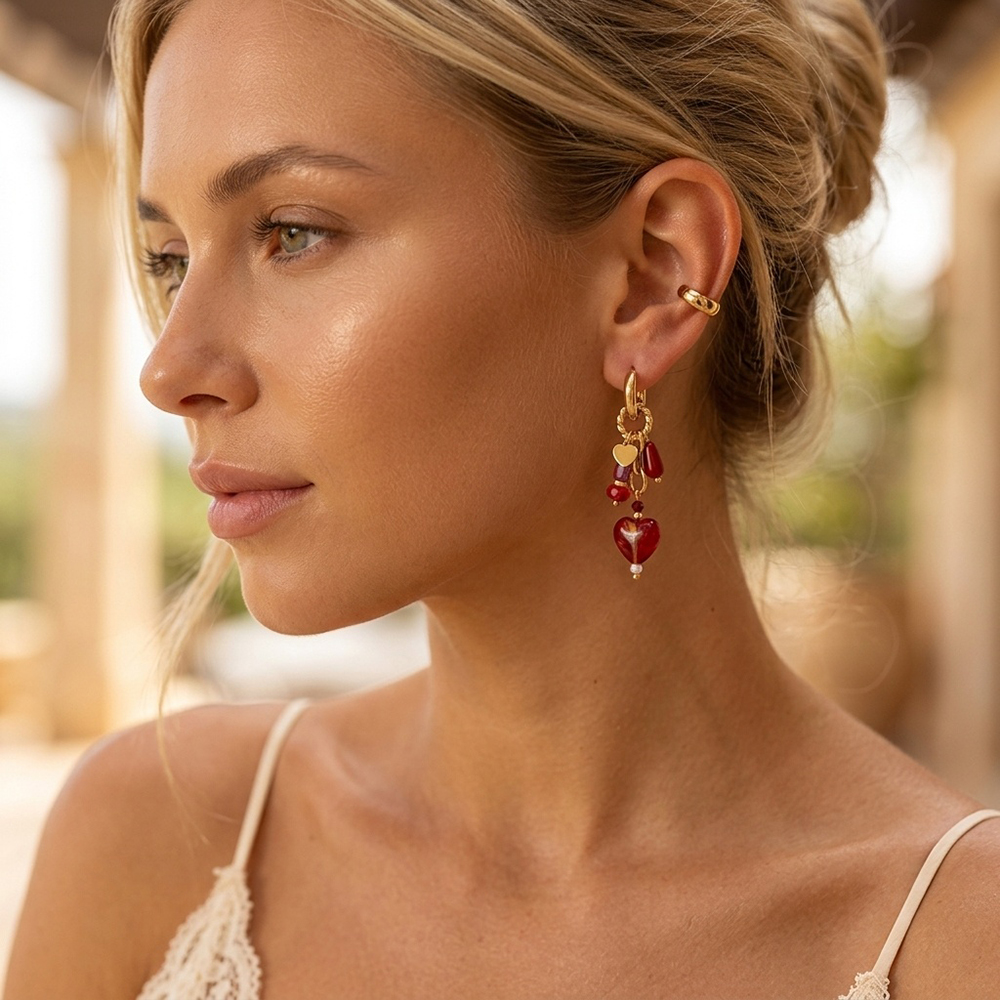 Stainless steel earrings, 48 × 14 mm, red heart
