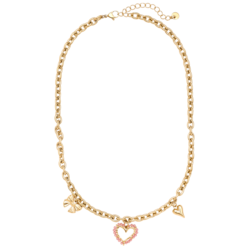 Stainless steel necklace 42cm Pink Heart And Charms