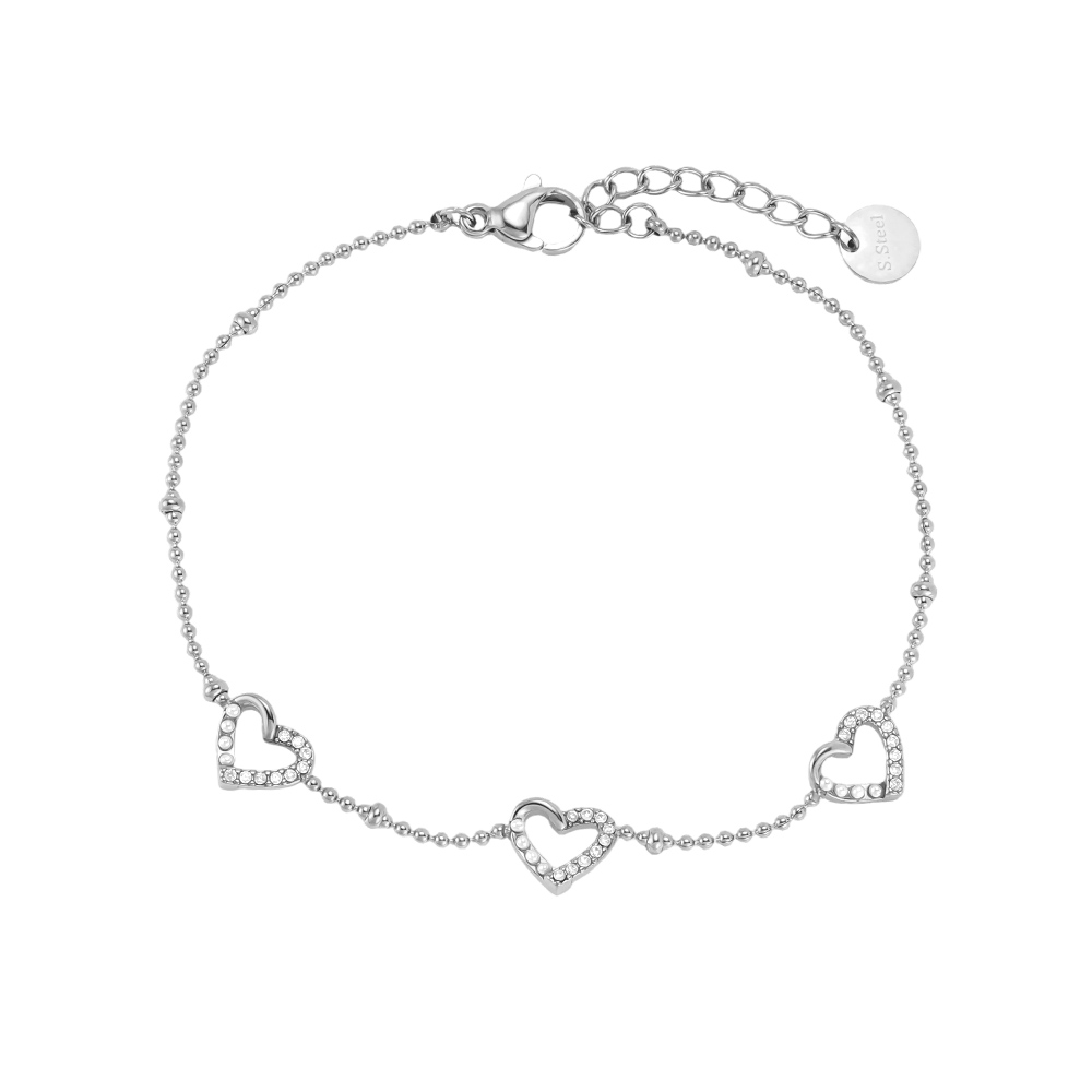 17cm stainless steel bracelet with a heart, pearls and half a rhinestone