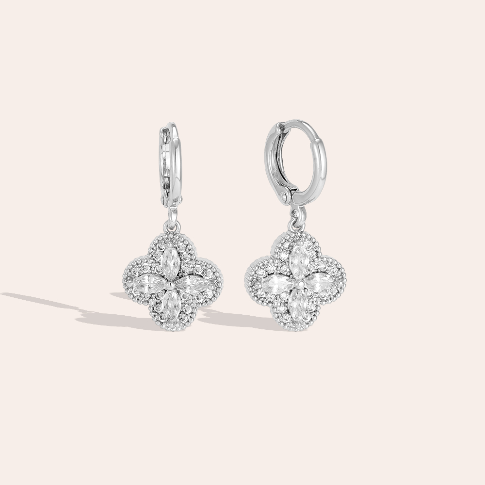 Gold-plated earrings, 28mm, cubic zirconia, four-leaf clover