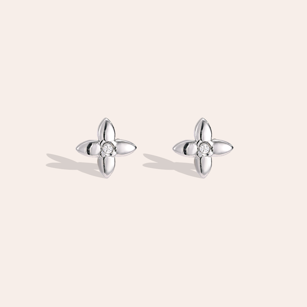 Stainless steel earrings, 5.6 mm, cubic zirconia, four-leaf clover