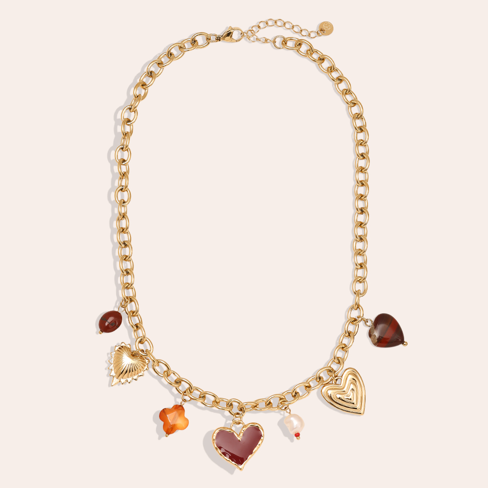 Stainless steel necklace 40cm Red Heart And Charms