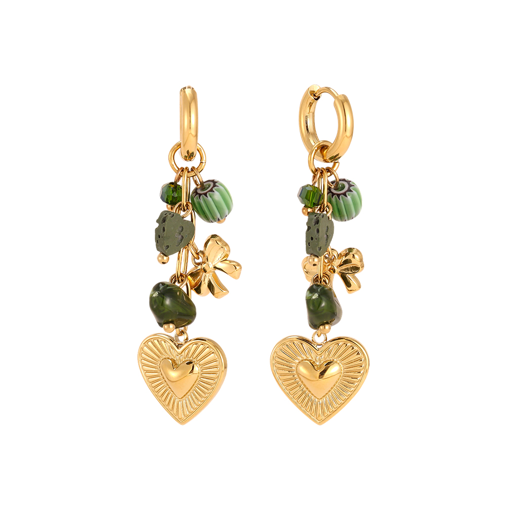 Stainless steel earrings, 55 × 16 mm, with golden hearts and green embellishments