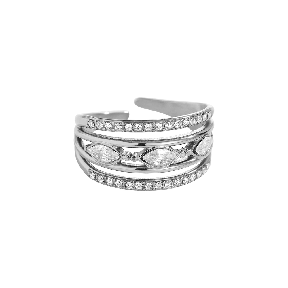 Stainless steel ring, adjustable, three-layered, with some cubic zirconia 