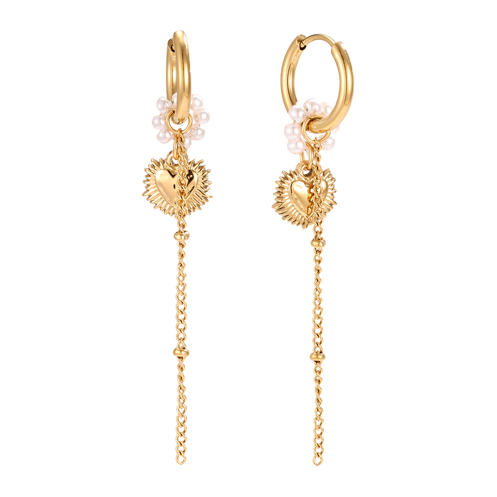 Stainless steel earrings, 59×14 mm, heart and pearl hoop earrings