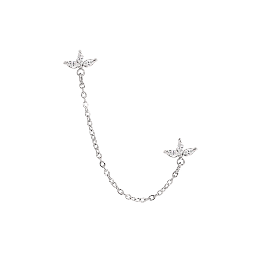 Stainless steel earrings, 60mm leaf-shaped cubic zirconia with chain  