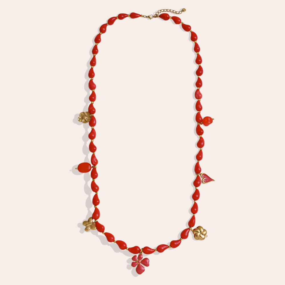 Stainless steel necklace 89cm necklace with resin drops and golden butterfly, flower, heart
