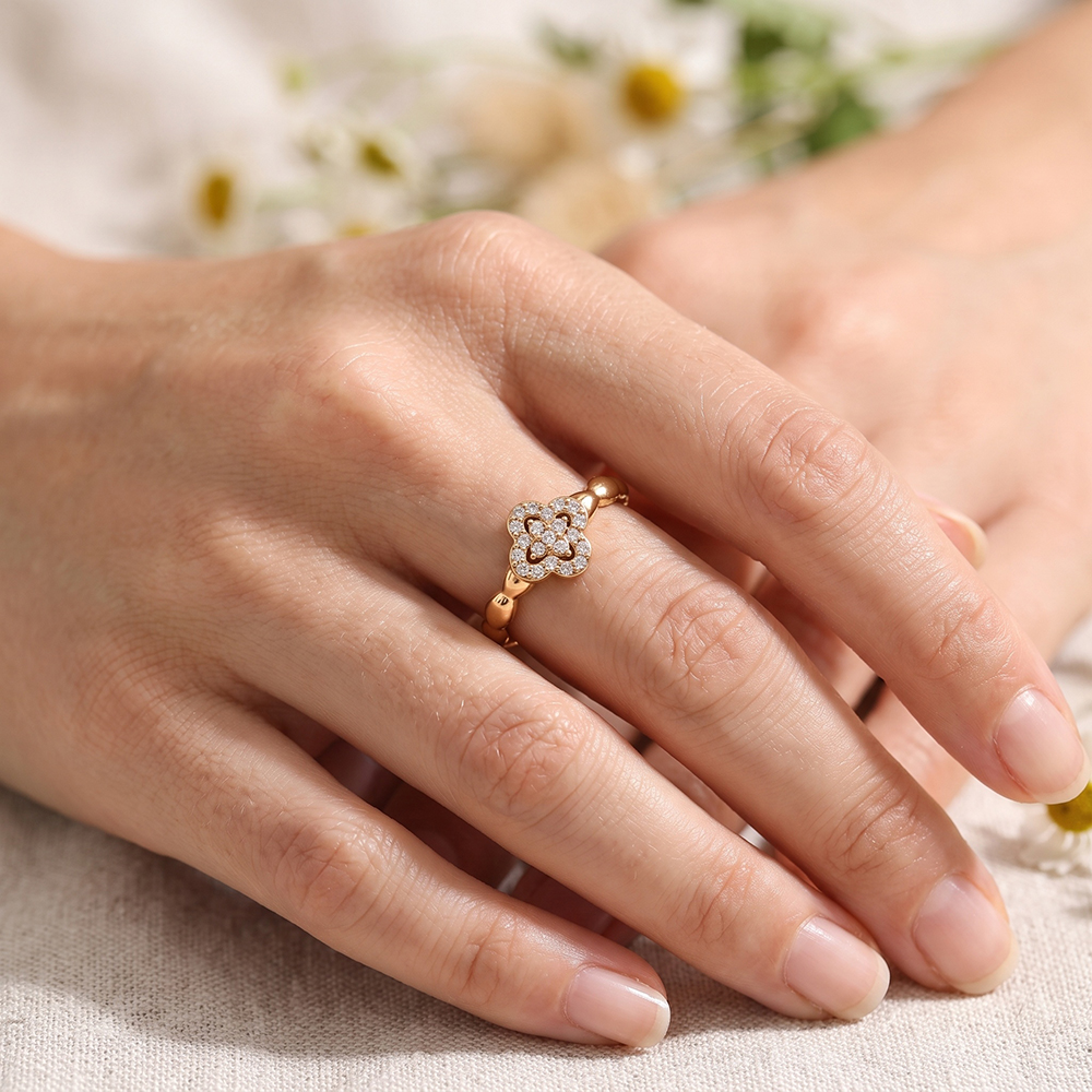 Stainless Steel Ring, Adjustable, Single Cloverleaf Zirconia 