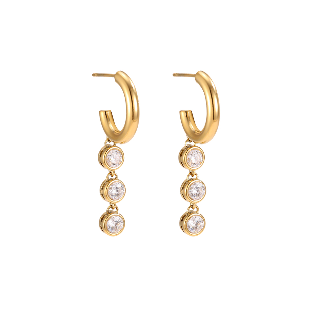 Stainless steel earrings, 40 × 6 mm, with 3 round rhinestones 
