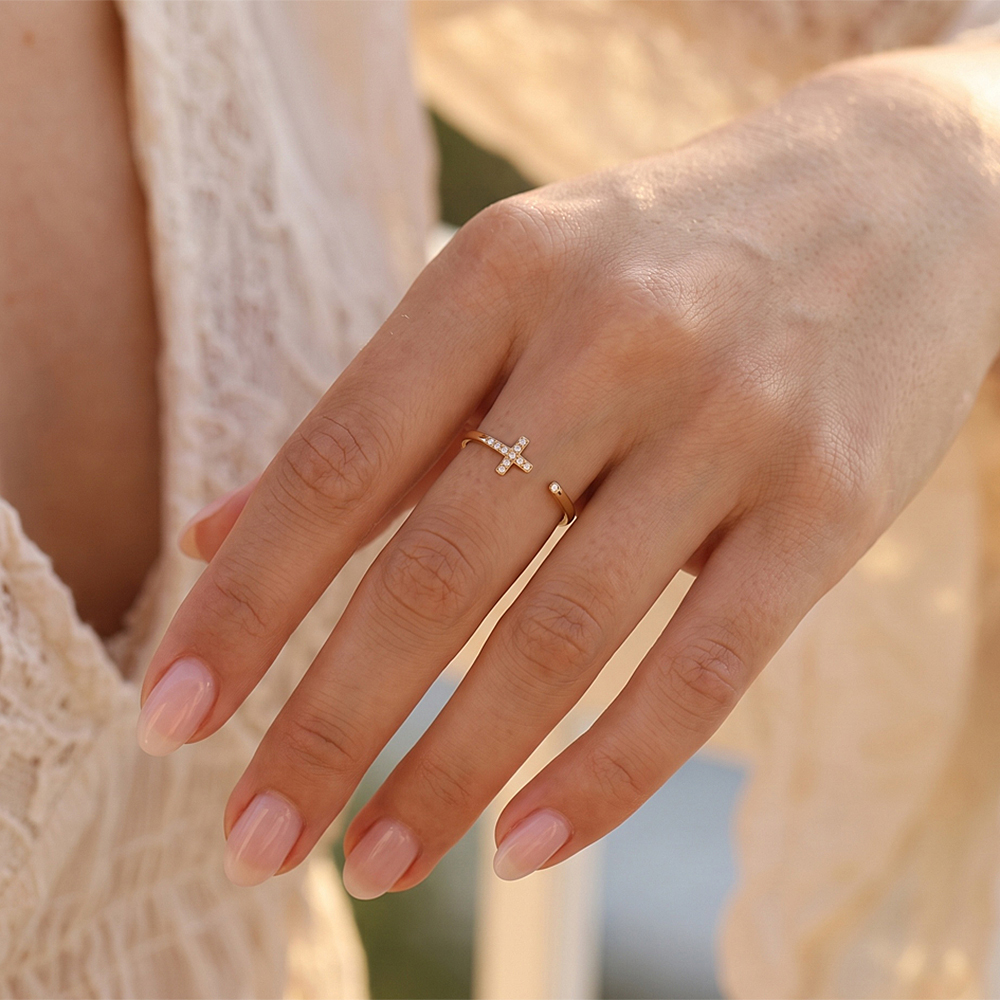 Adjustable stainless steel cross ring with cubic zirconia