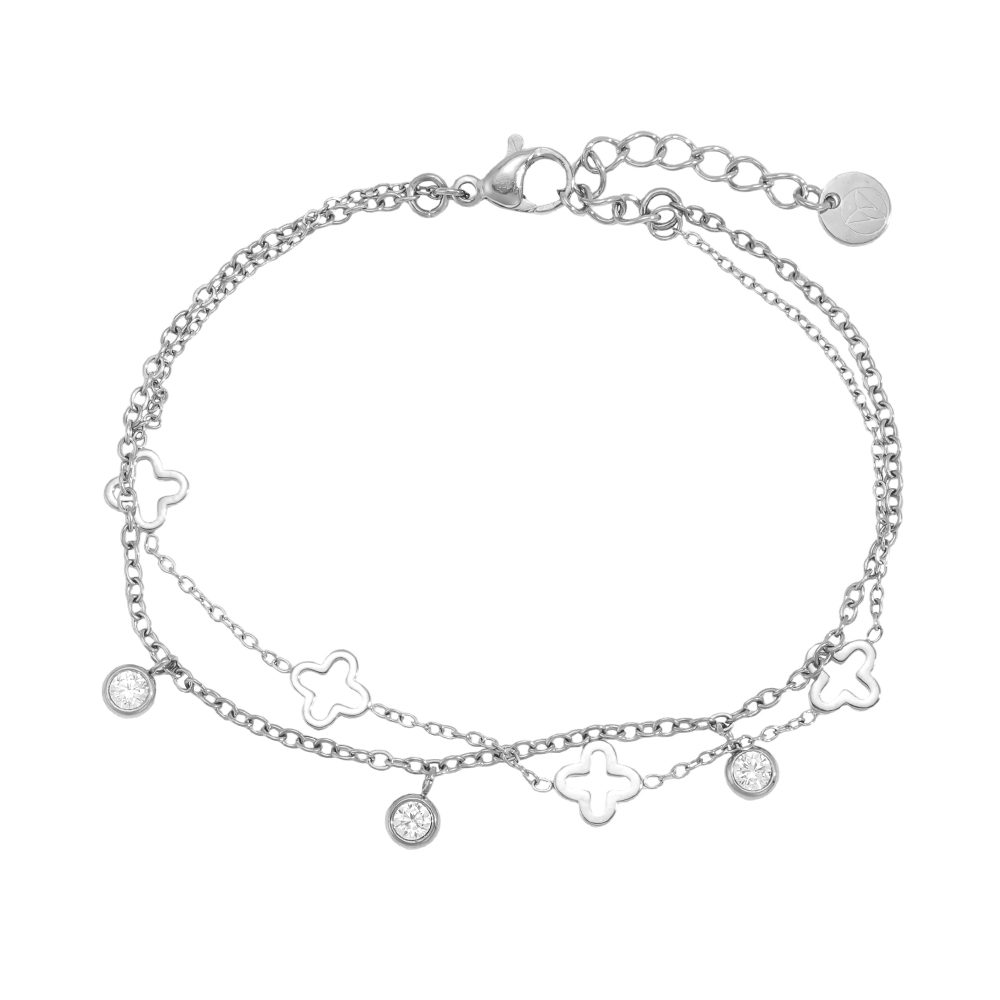 17cm stainless steel bracelet with a double-layered shamrock design featuring cubic zirconia