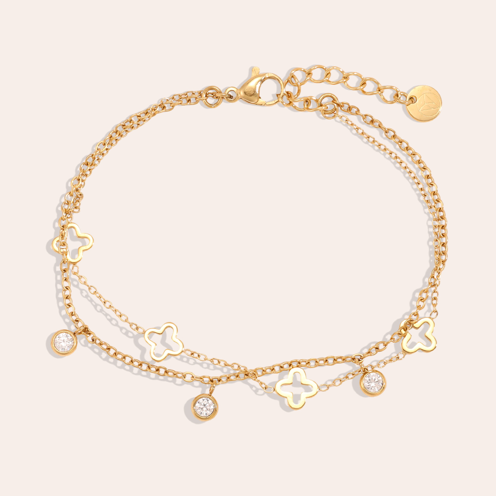 17cm stainless steel bracelet with a double-layered shamrock design featuring cubic zirconia