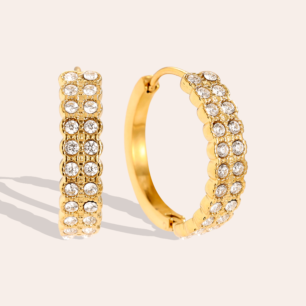 Stainless steel earrings, 21 mm, half-set, double-row, cubic zirconia
