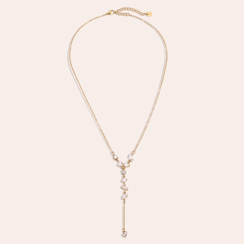 Stainless steel necklace, 40 cm, featuring various shapes and sparkling cubic zirconia