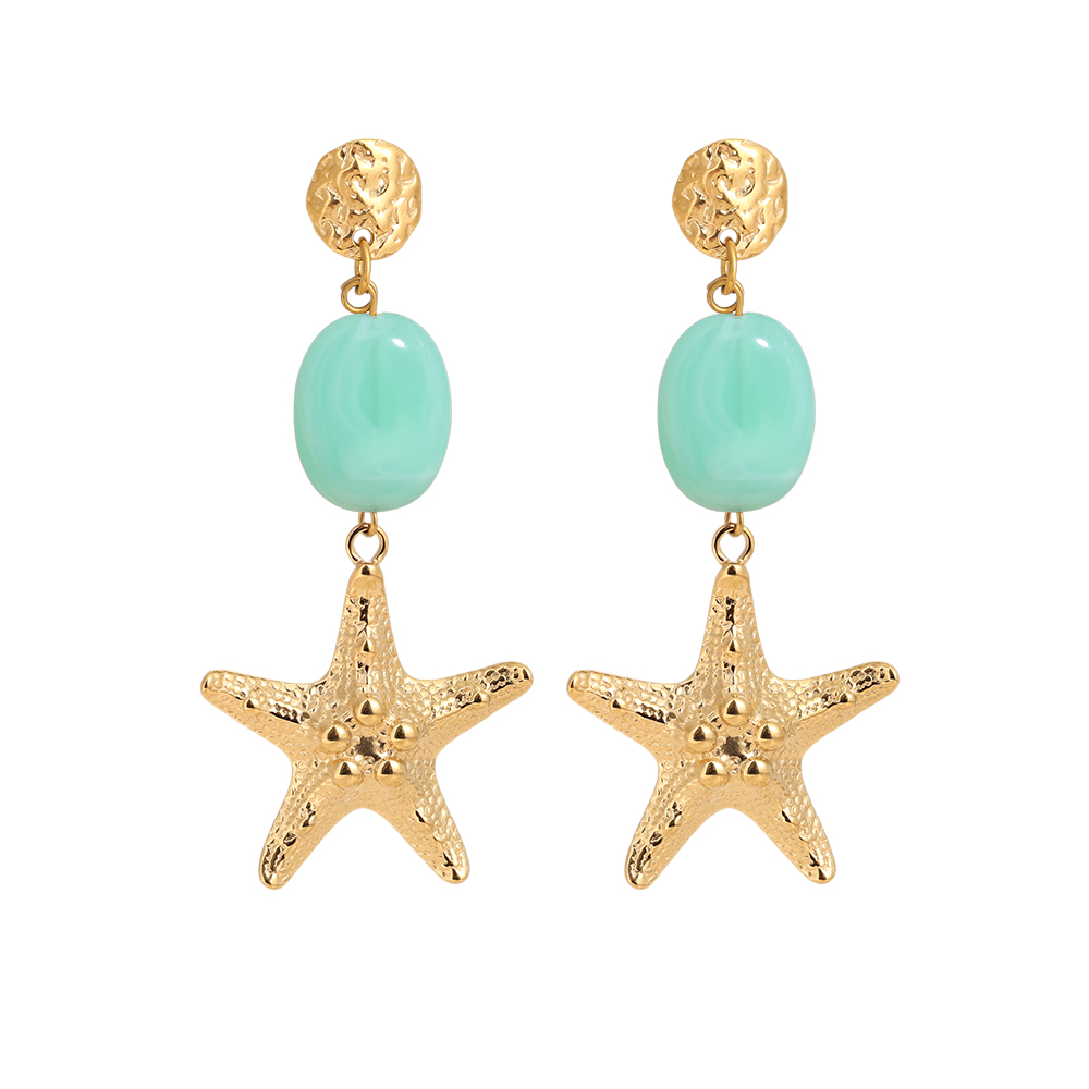 Stainless steel earrings 7cm large starfish and green acrylic