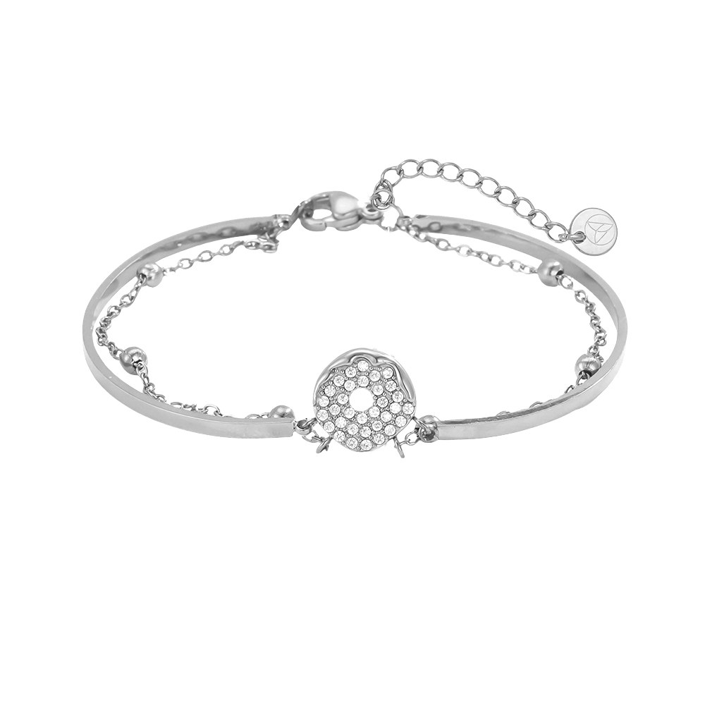 Stainless steel bracelet, adjustable, double-row, twin-ring, round, rhinestone    