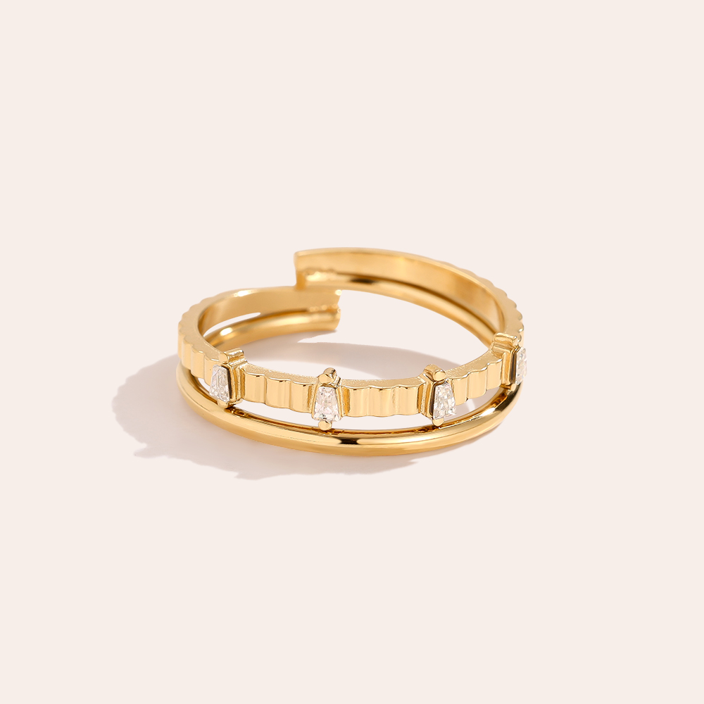 Stainless steel ring, adjustable, double-layered, with several cubic zirconia stones