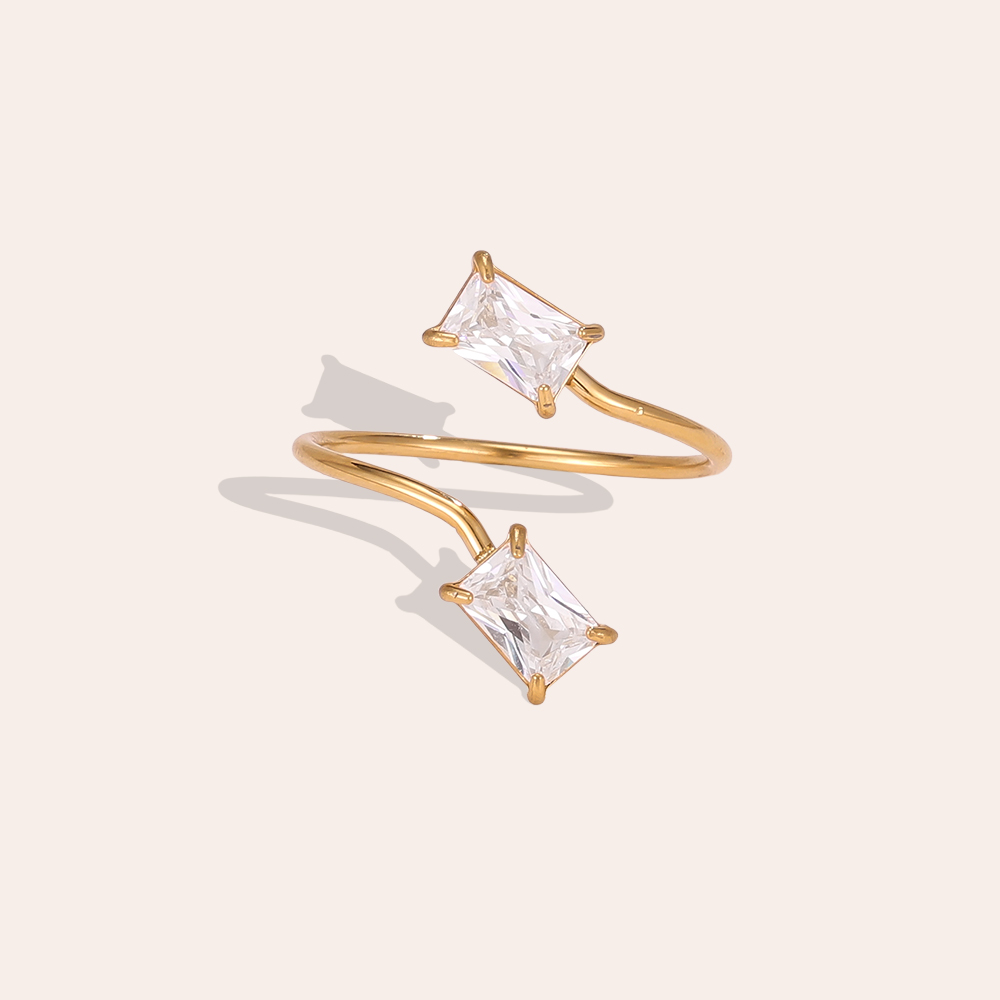 Stainless steel ring, adjustable, with two rectangular zirconia stones