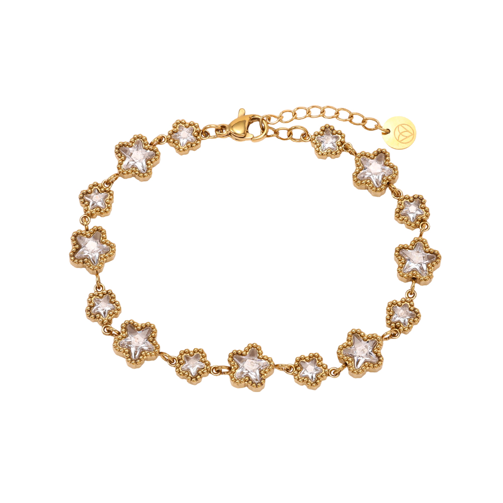 Stainless steel bracelet, 17 cm, with a star-shaped design featuring sparkling cubic zirconia
