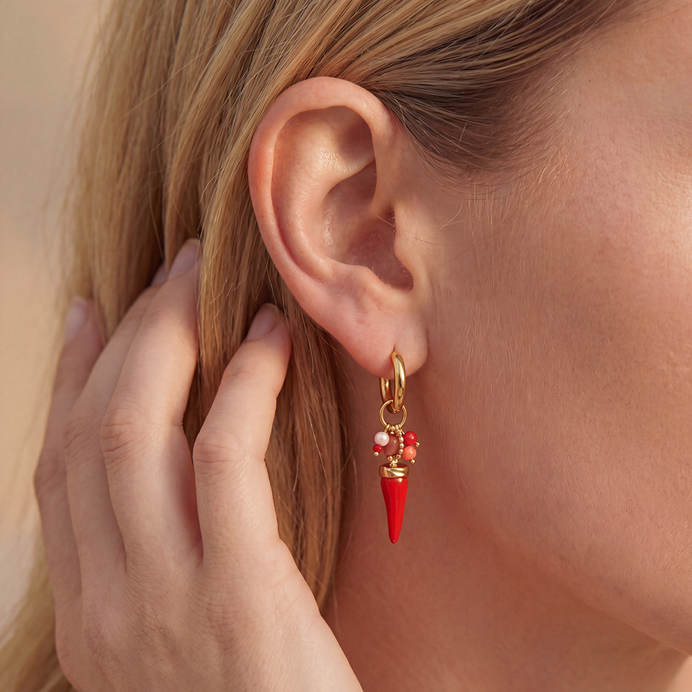 Stainless steel earrings, 56×20 mm, red chilli beads