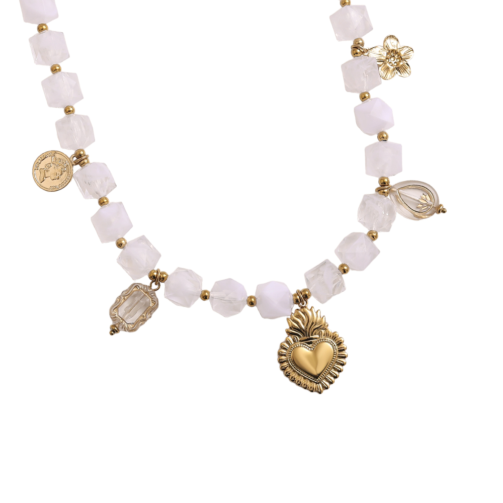 Stainless steel necklace 45cm chain with small acrylic cubes and golden flower, heart